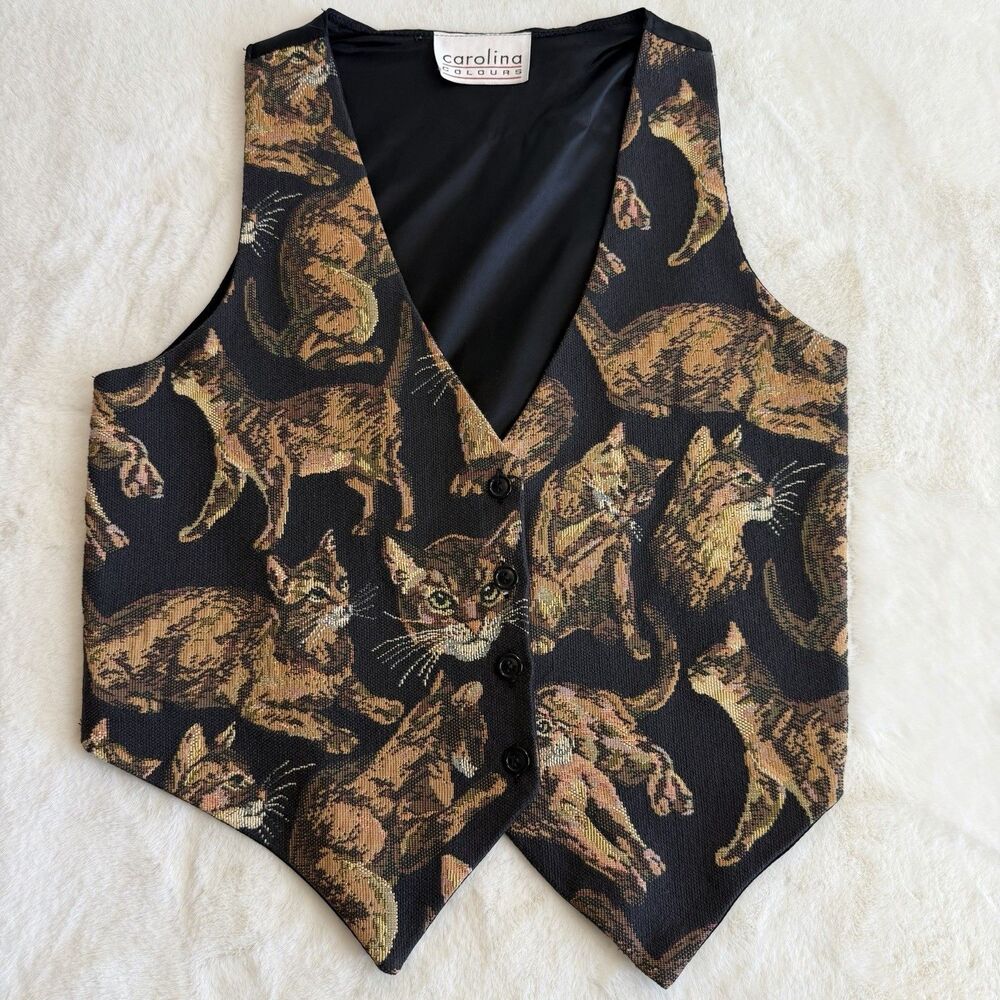 Vintage Cat Vest Tapestry Carolina Colours Black Brown Women’s S/M